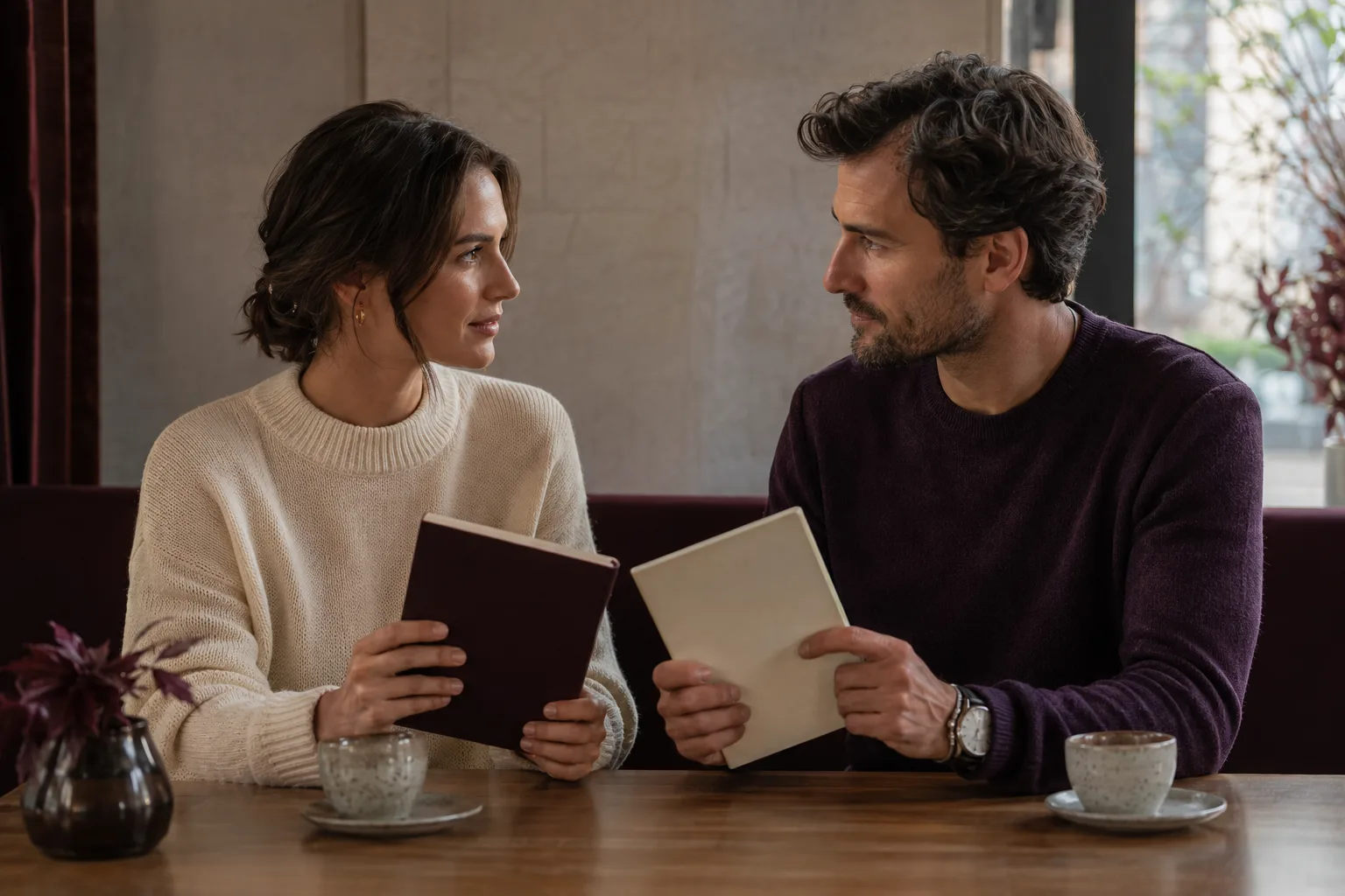 A couple reconnects at a cafe to review whether their relationship break worked