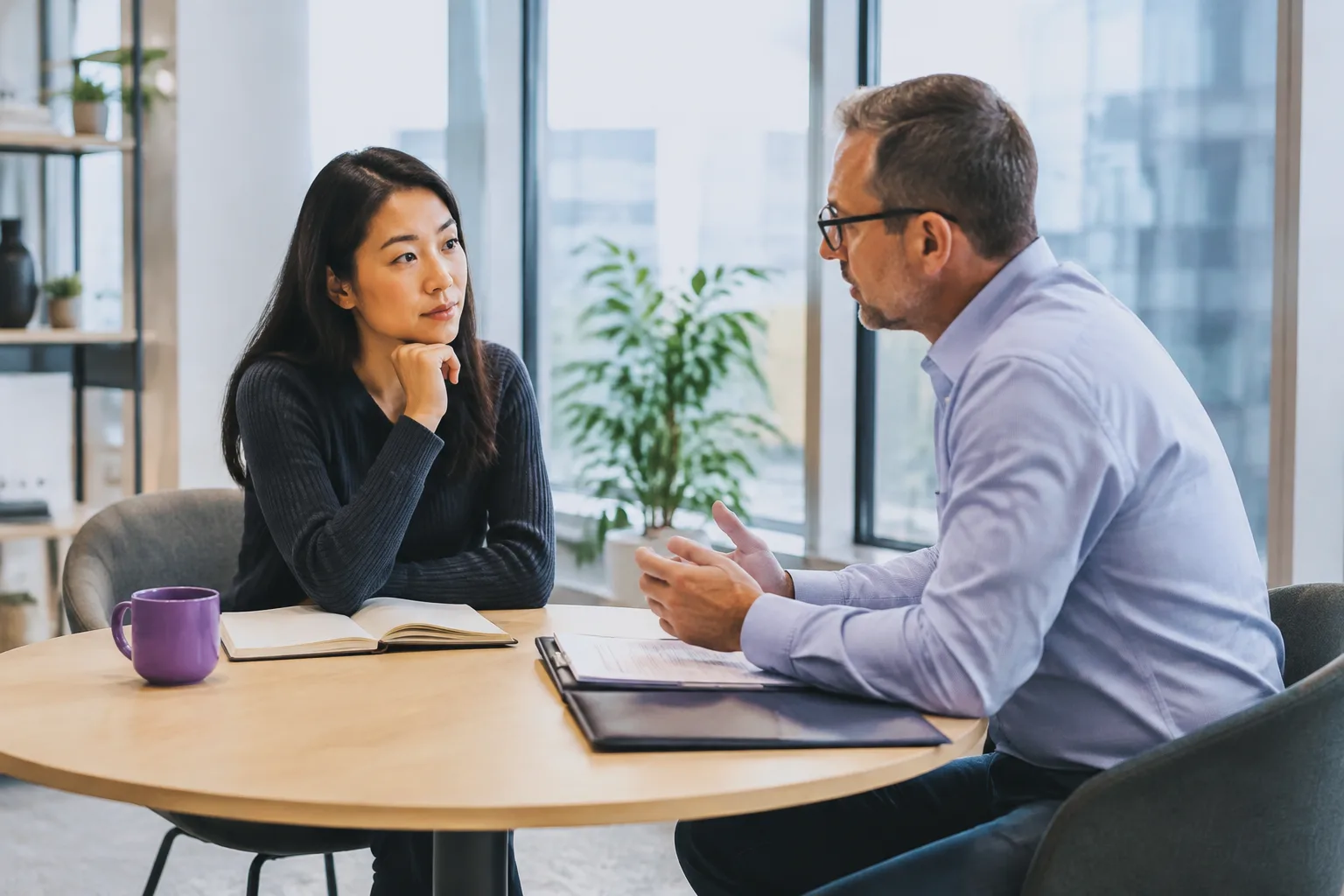 An employee listens thoughtfully during a focused one-to-one meeting with a manager