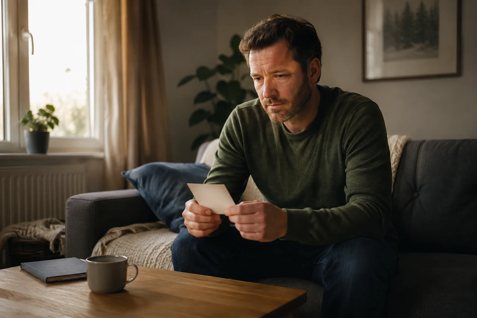 A man reflects on a past relationship while holding a photograph