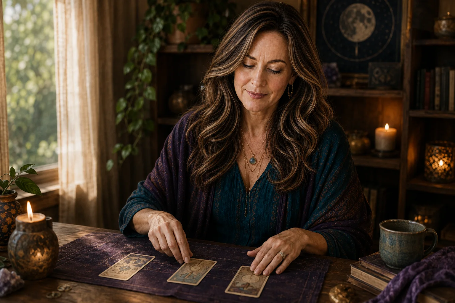 Maria studying a three-card spread during a reading about an ex-partner’s feelings