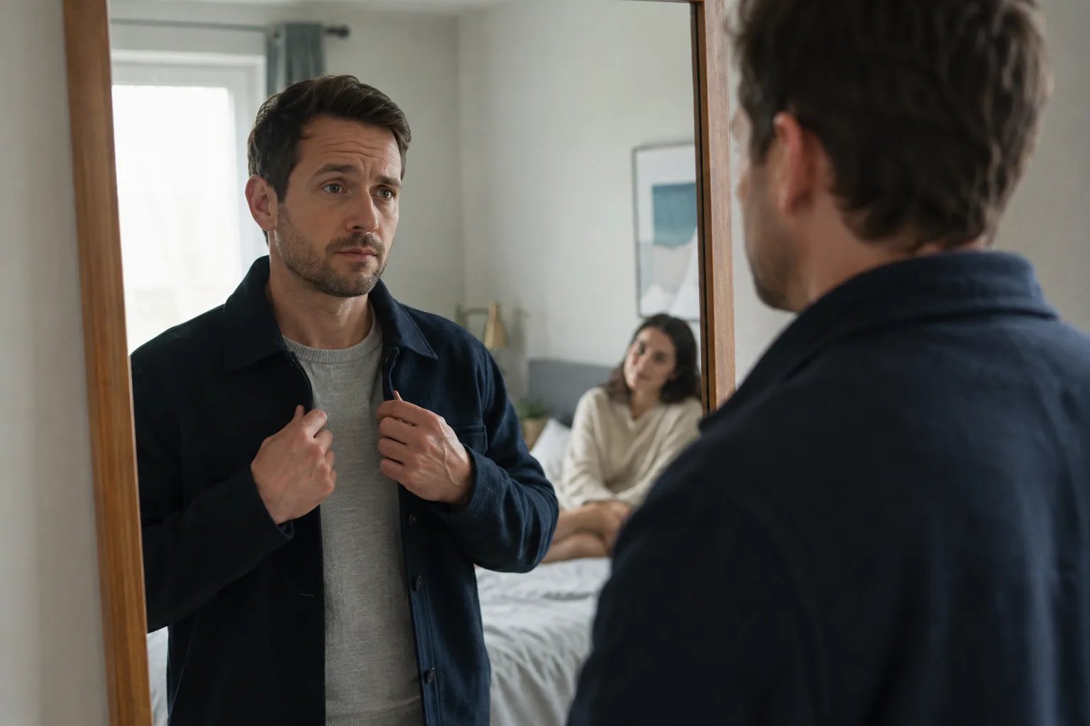 A man adjusts his jacket in a mirror while his partner watches from across the room