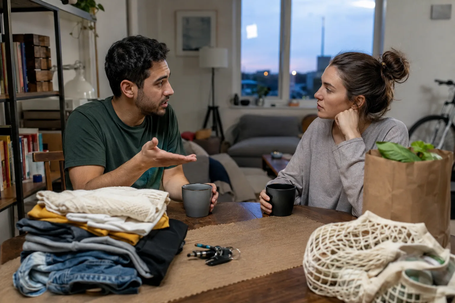 A couple has a calm serious conversation about shared household effort beside folded laundry and groceries