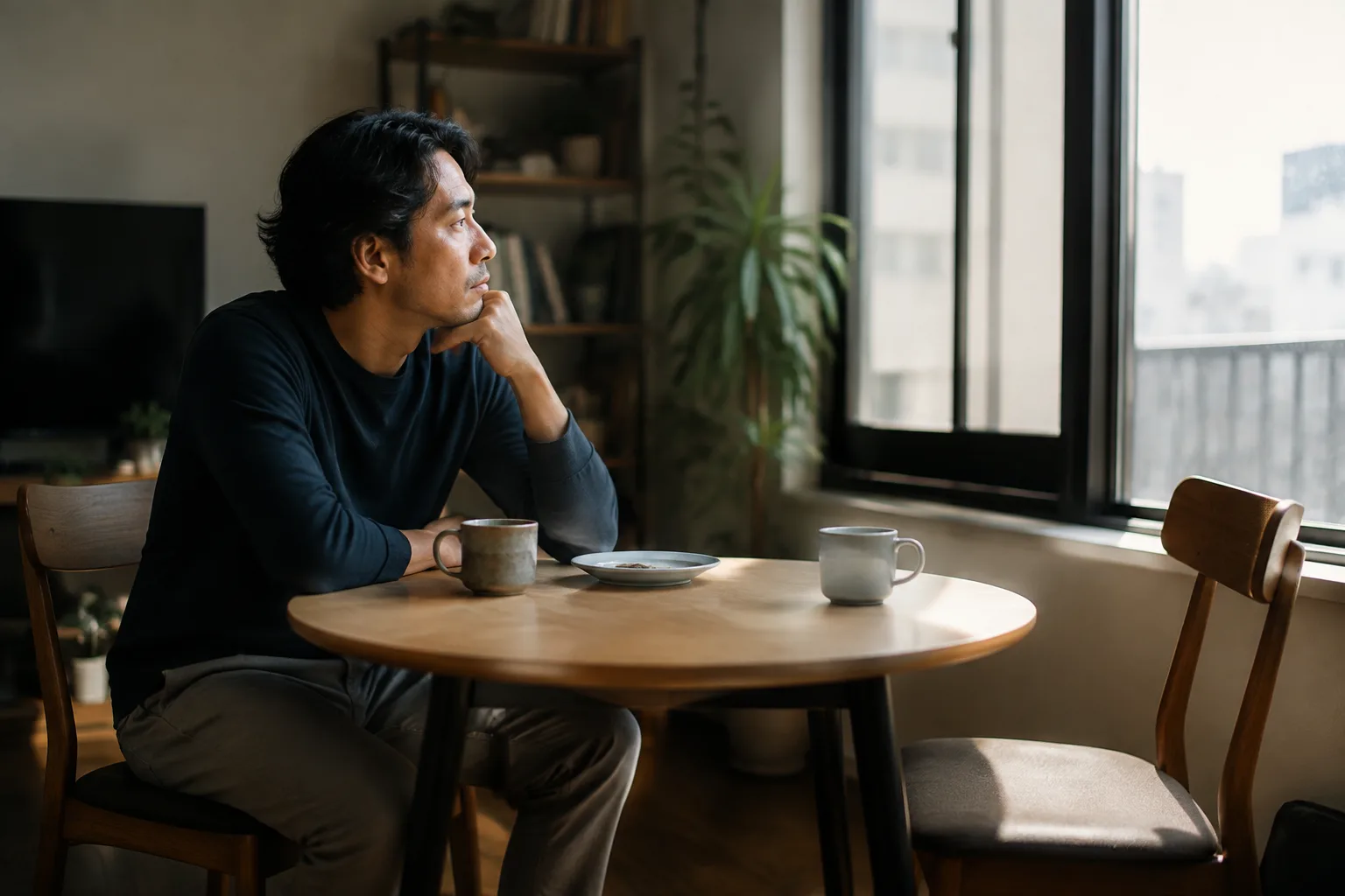 A man sits thoughtfully across from an empty chair and unused mug
