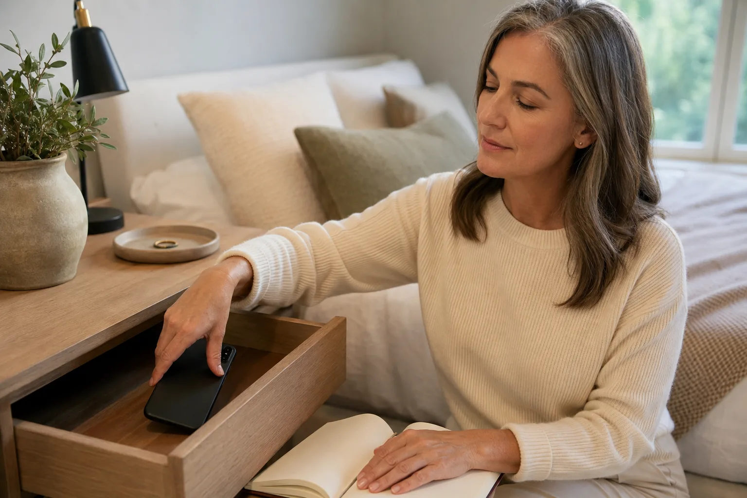 Woman calmly puts her phone away beside an open blank journal