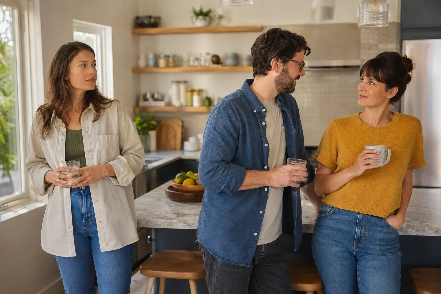 A woman watches her partner share a close conversation with a friend