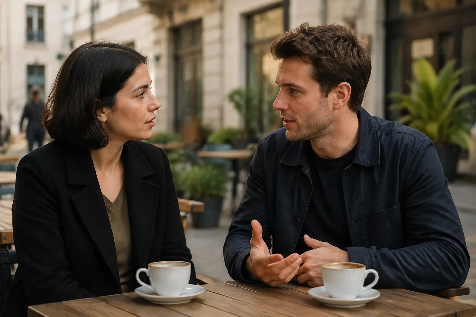 Two adults turned toward each other in a focused conversation at an outdoor cafe