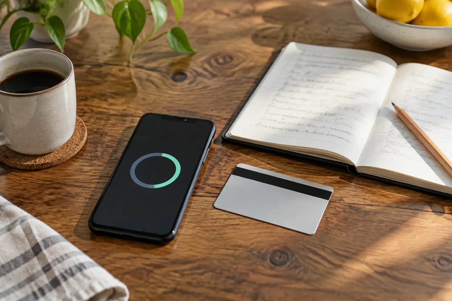 A phone showing a countdown timer beside a credit card and a notebook with a pencil on a kitchen table