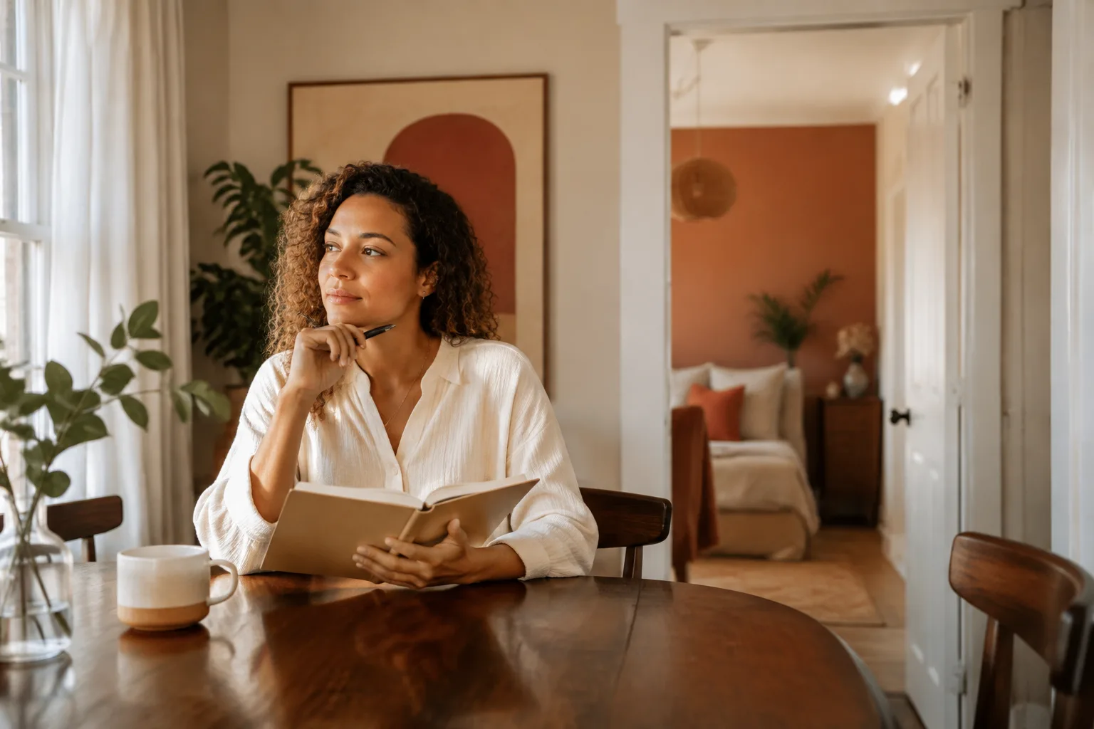 A woman reflects in a blank notebook at a warm dining table with an open doorway beyond
