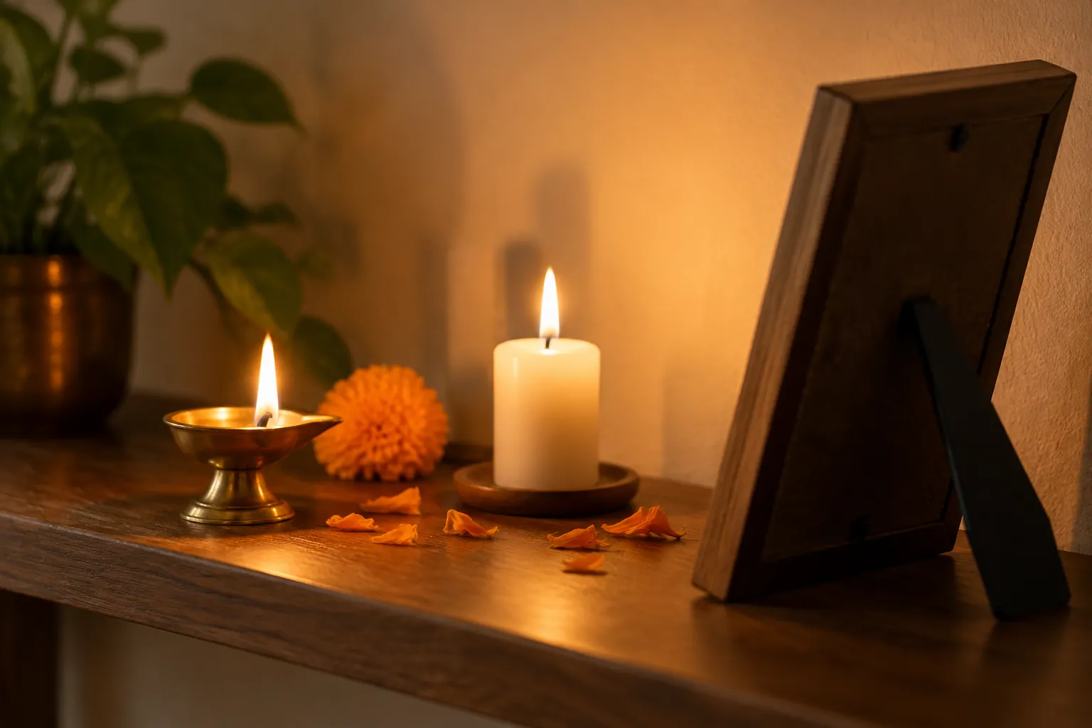 A small lit oil lamp beside a framed photograph turned slightly away, on a wooden shelf with marigold petals, in soft evening light