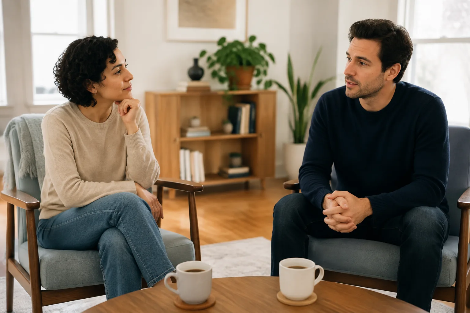 A woman listening to a hesitant man while they sit in separate living-room chairs