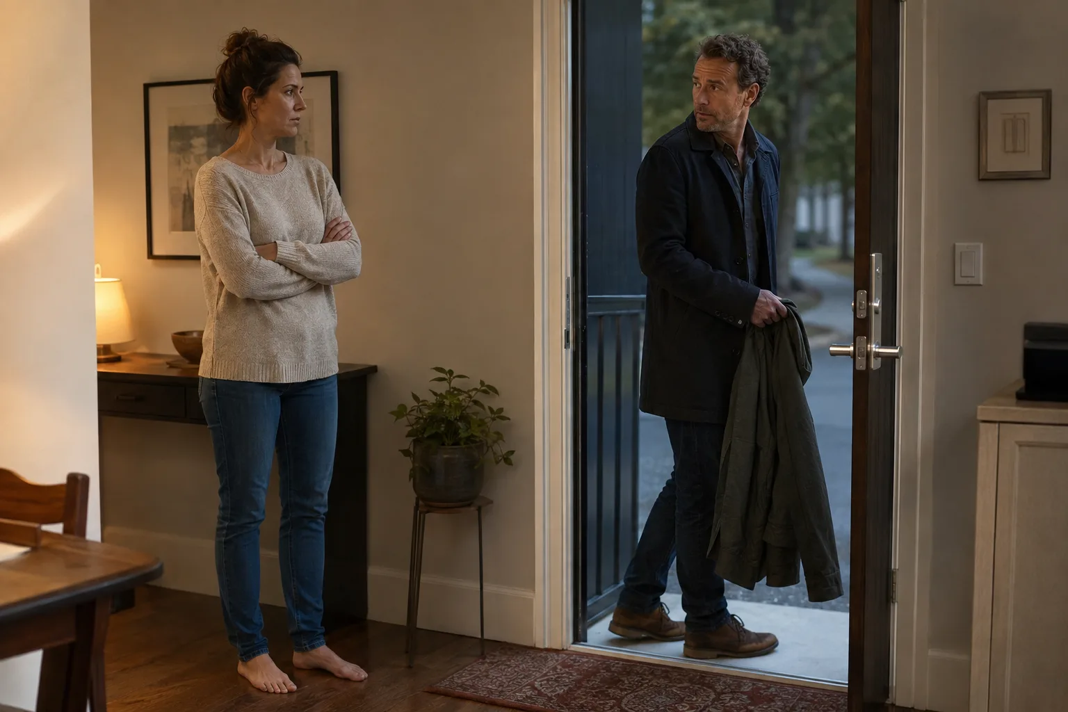 A woman watches as a married man hesitates while leaving her apartment