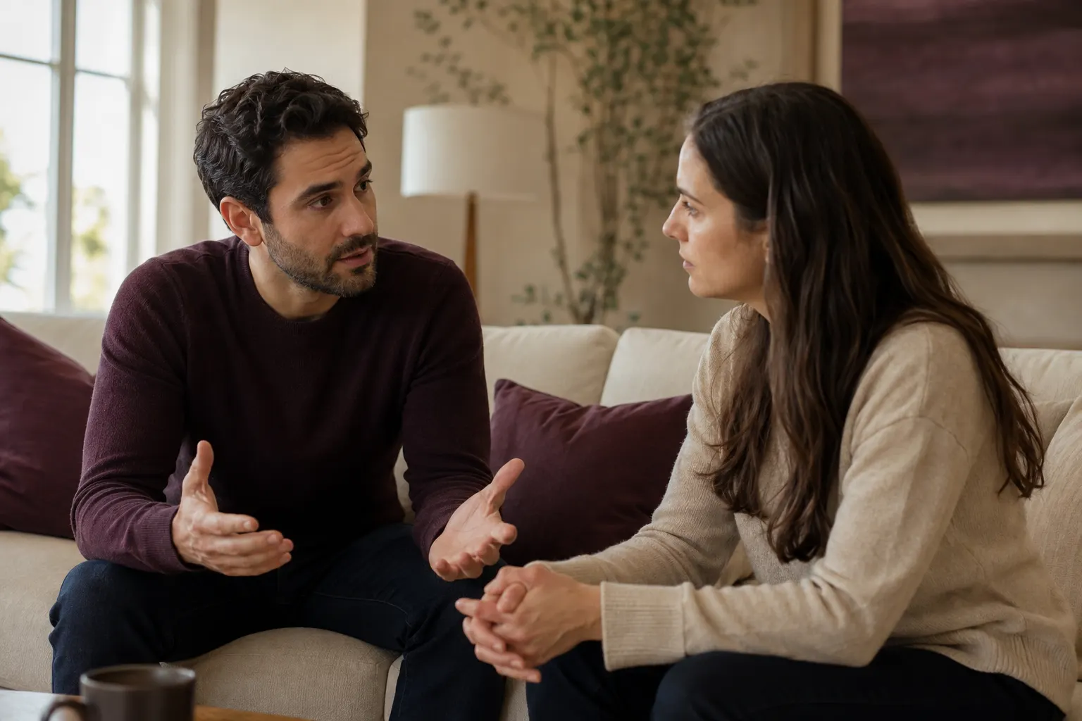 Couple listening closely during a sincere apology in a quiet living room