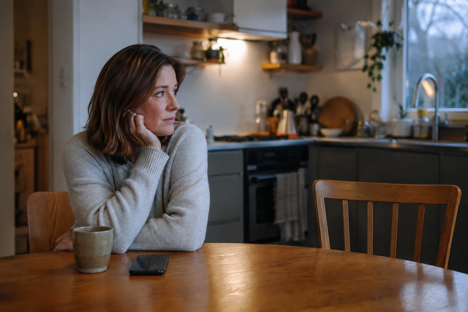 A woman looks toward an empty chair while thinking about her former partner
