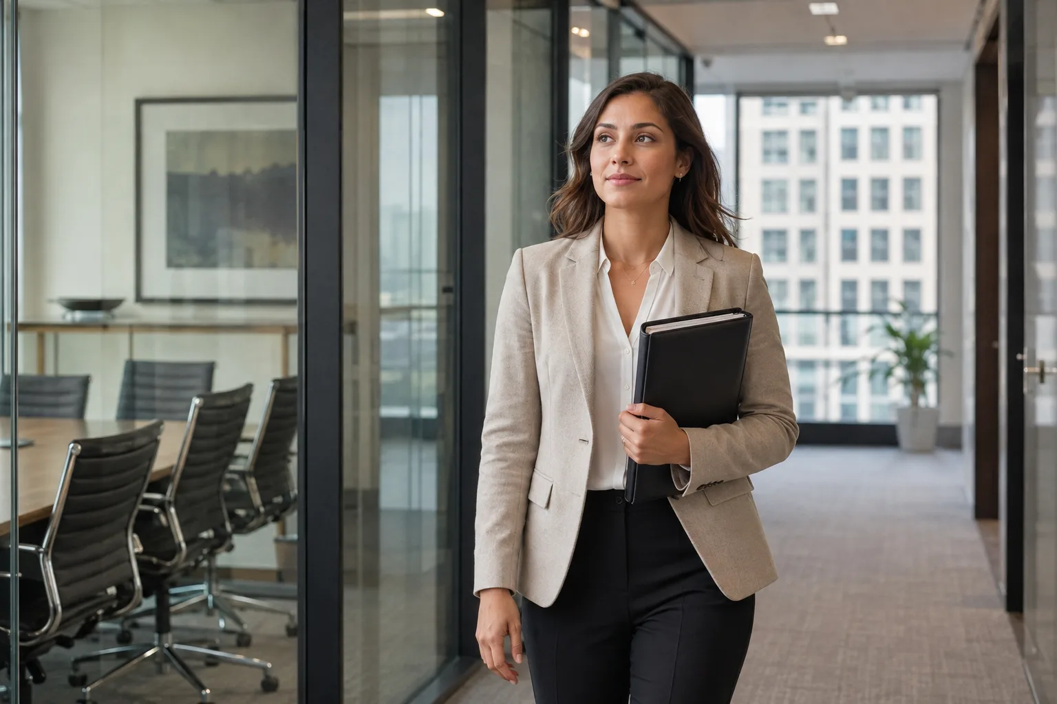 A composed candidate leaves a meeting room and reflects on a completed job interview