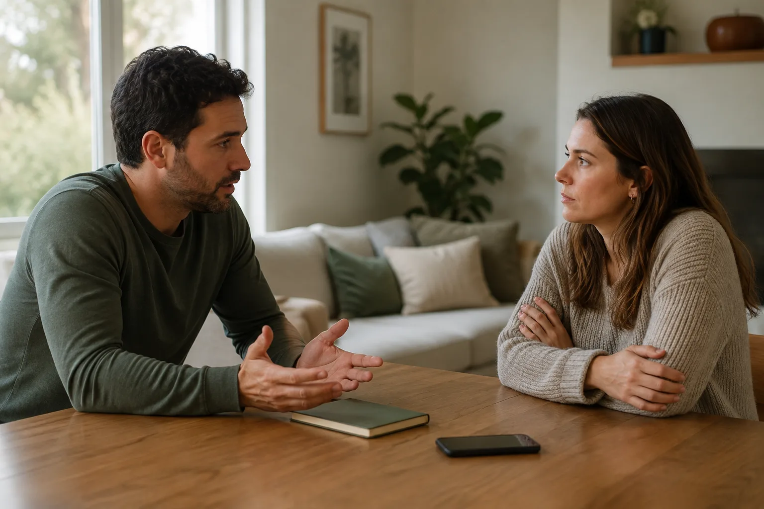 A couple has a serious conversation about accountability at a living-room table