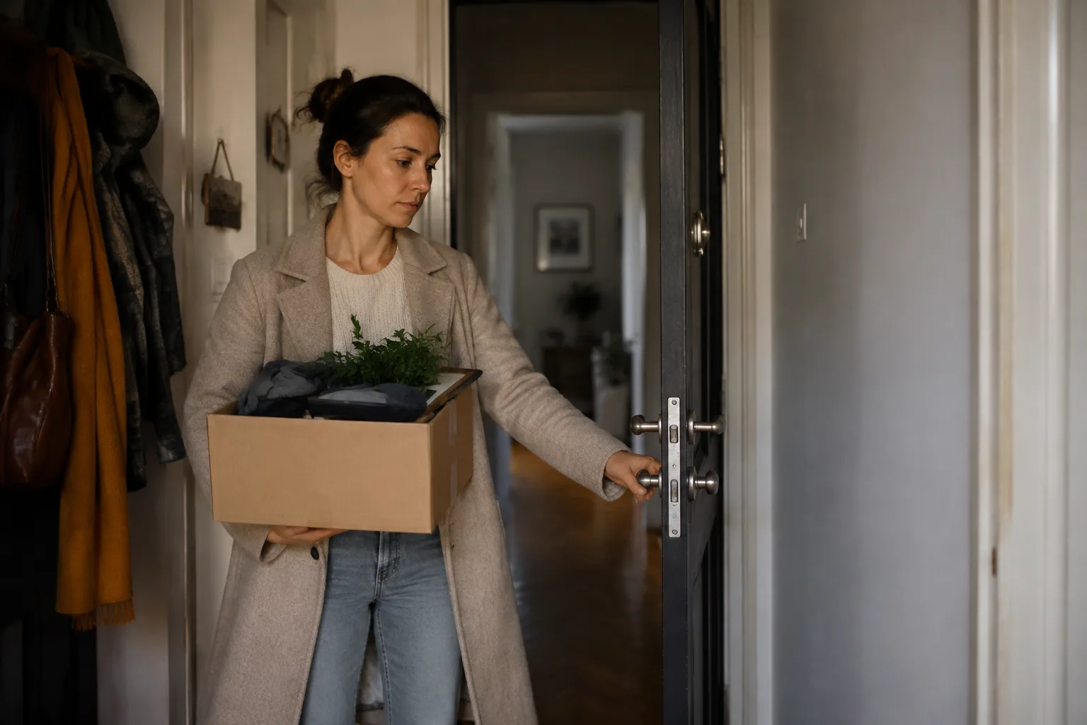 A woman closes her front door while carrying a small box of returned belongings