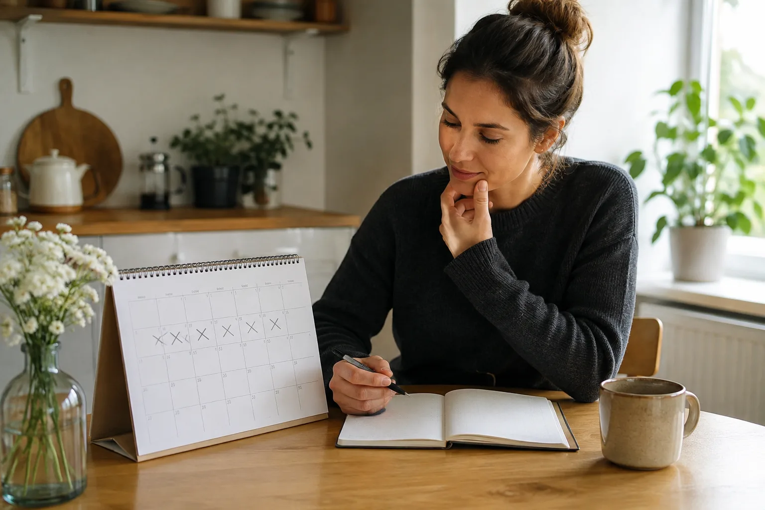 A woman marks time in a calendar while journaling about gradual breakup recovery