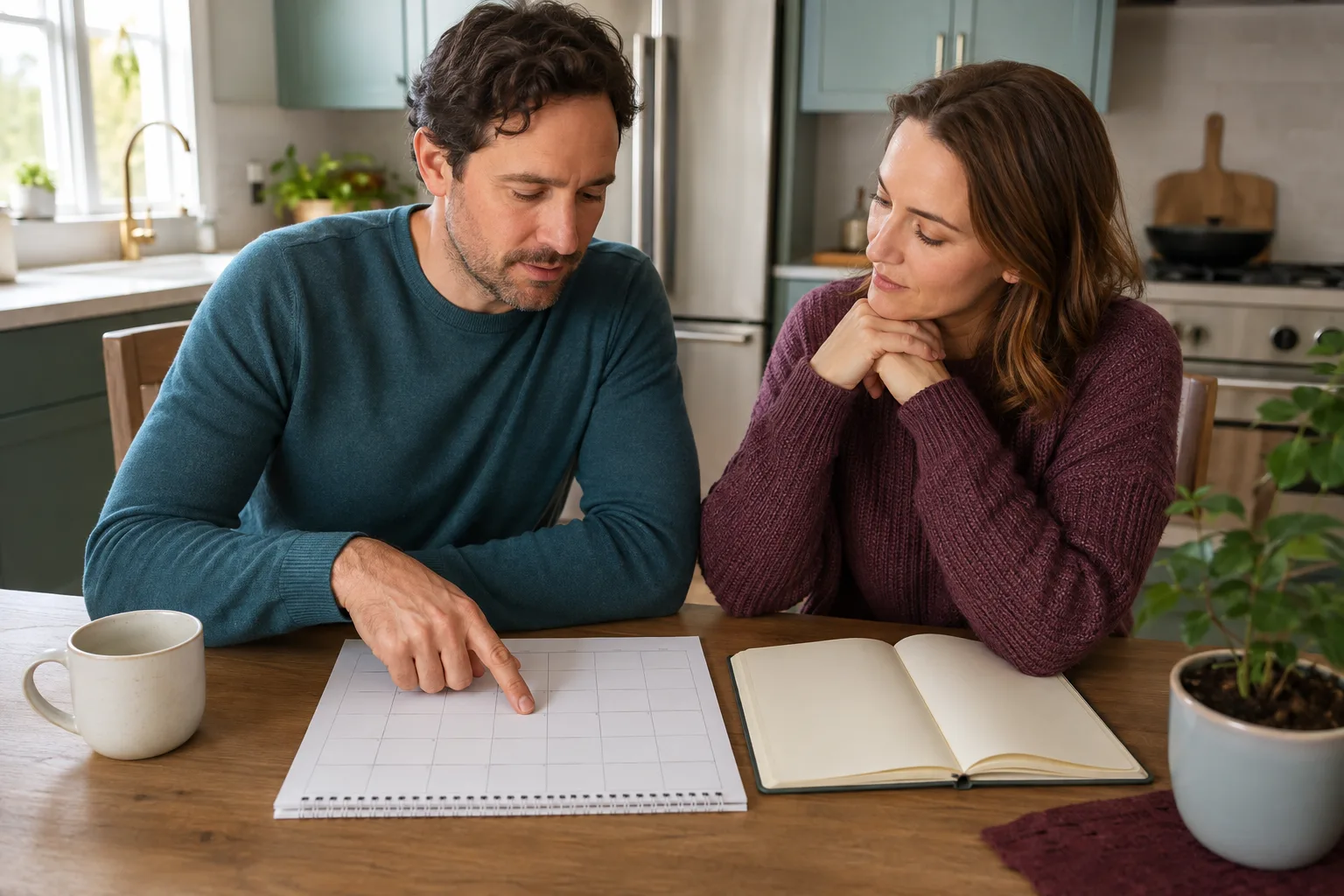 A couple chooses a review date on a calendar for their relationship break