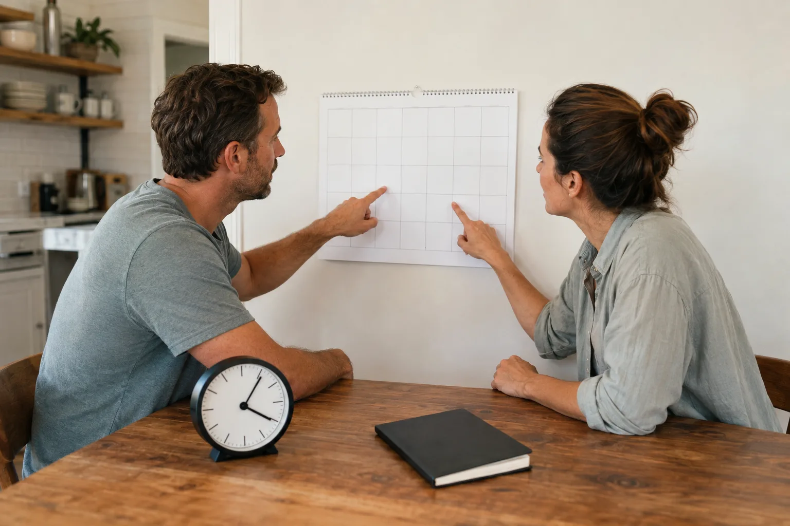 A couple points to different dates on a blank calendar while discussing a proposal timeline