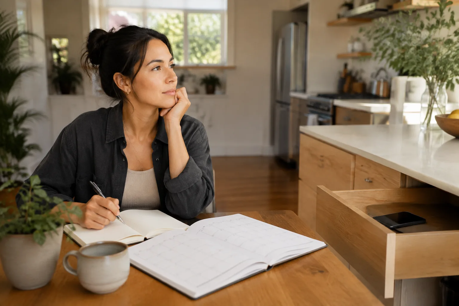 A woman journals beside a blank calendar while her phone rests in an open drawer