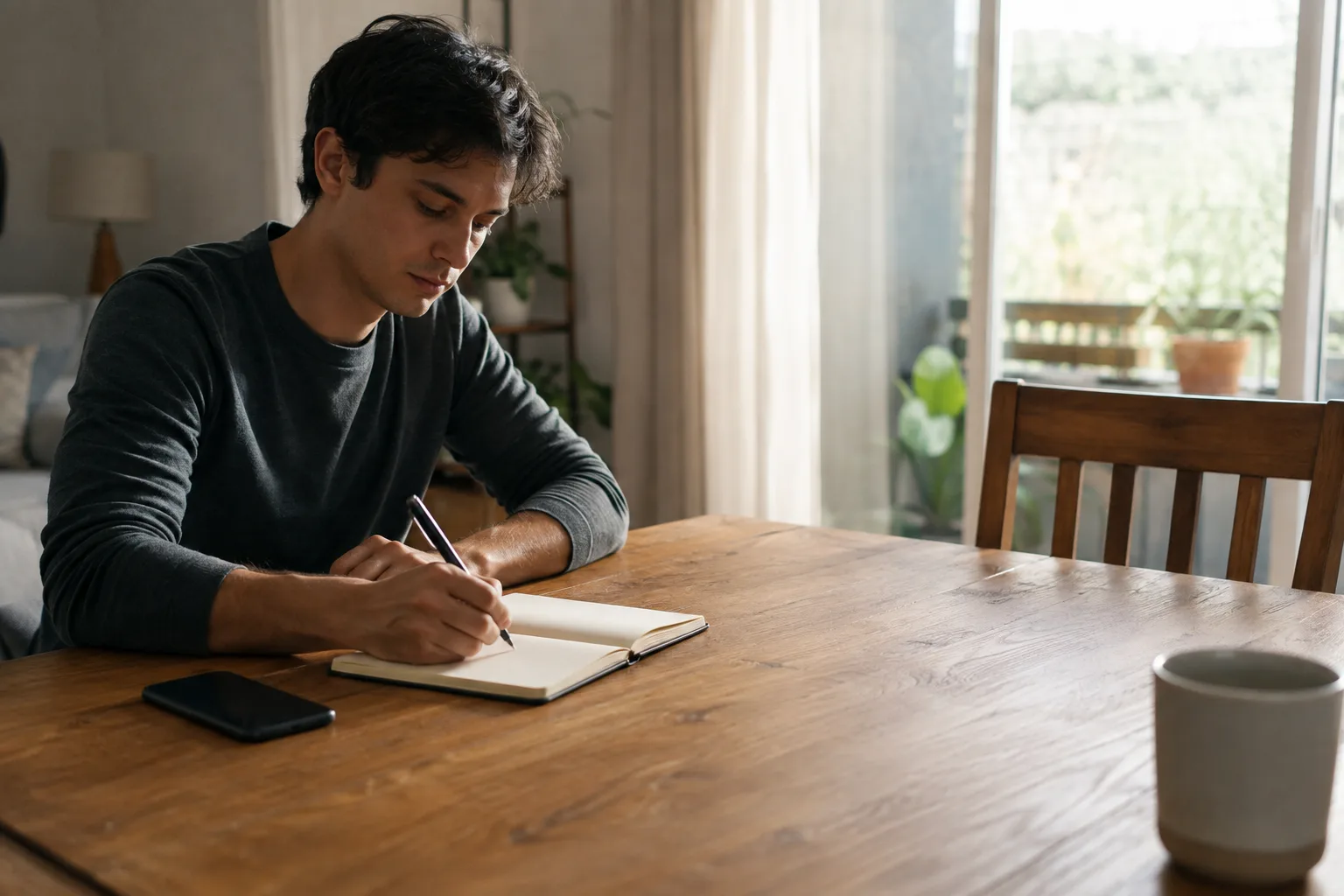 A man writes an unsent letter beside an empty chair and a face-down phone