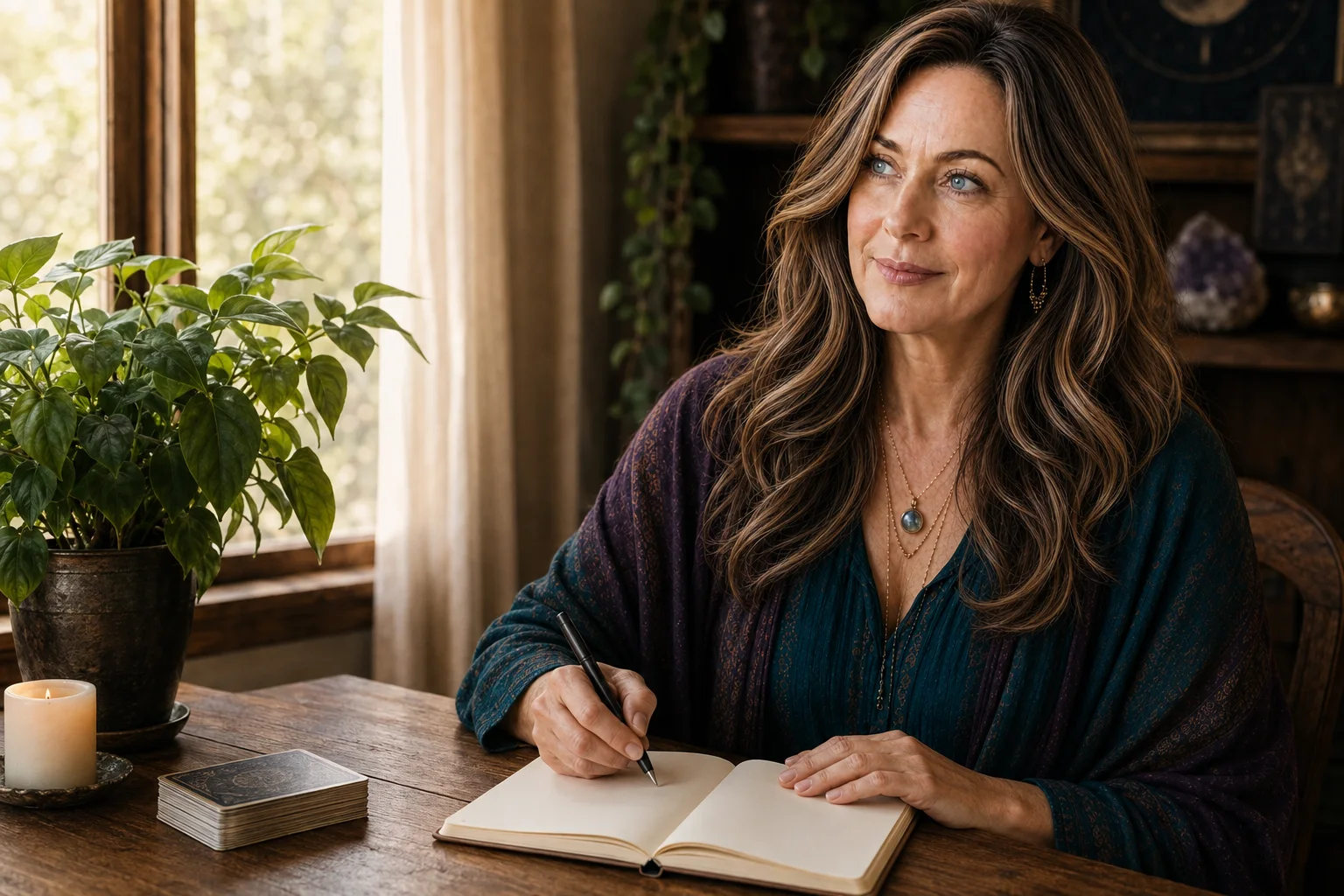 Maria writing in a notebook beside tarot cards and a sunlit green plant