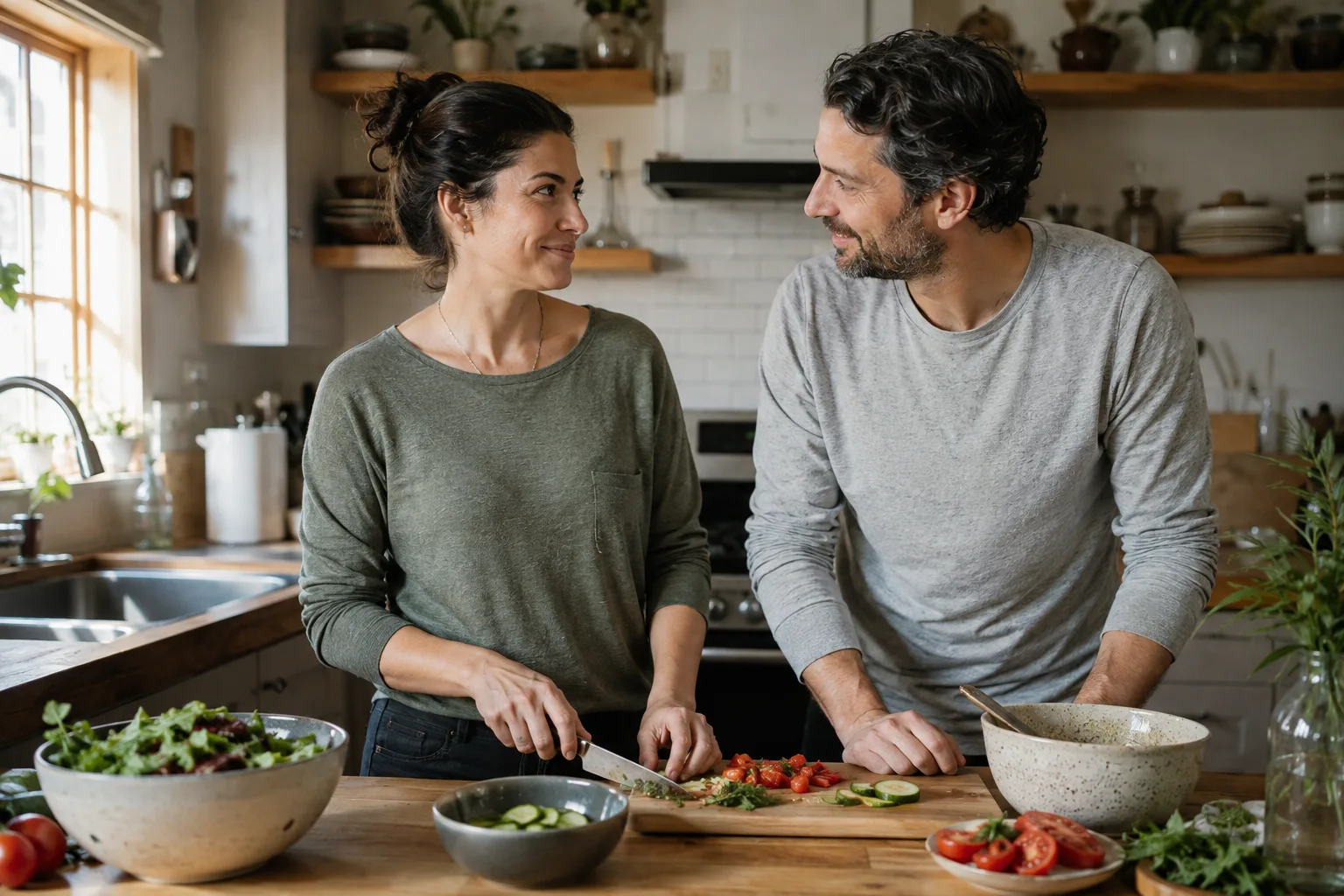 A couple reconnects through a warm attentive moment while cooking a simple meal together