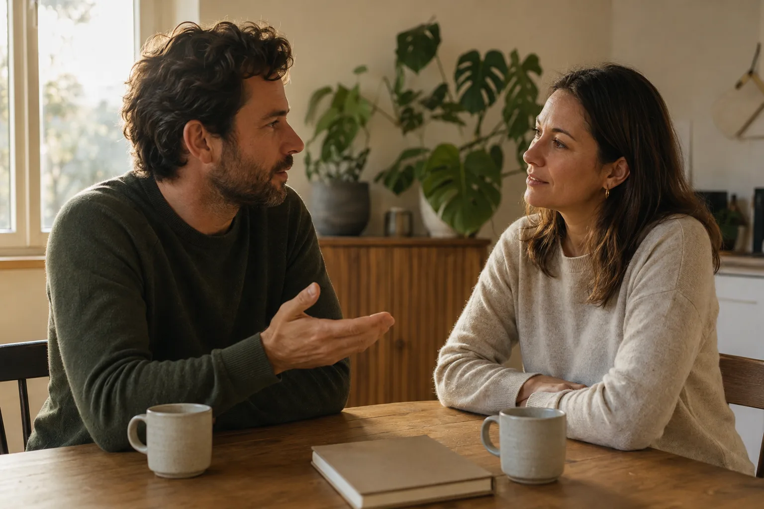 A fully clothed couple leans toward each other during a calm conversation at a dining table