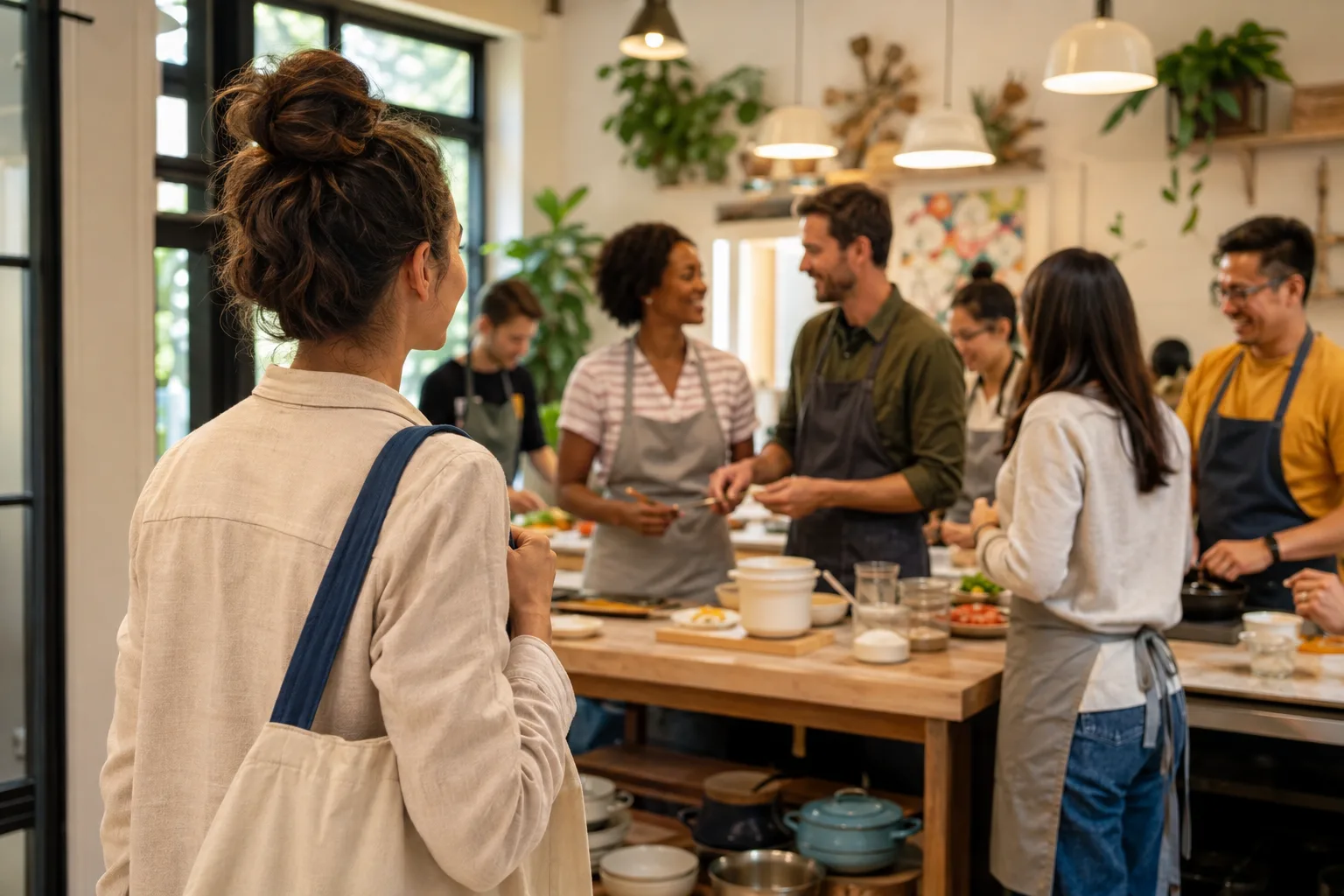 A woman arrives at a welcoming community cooking class where adults are meeting naturally