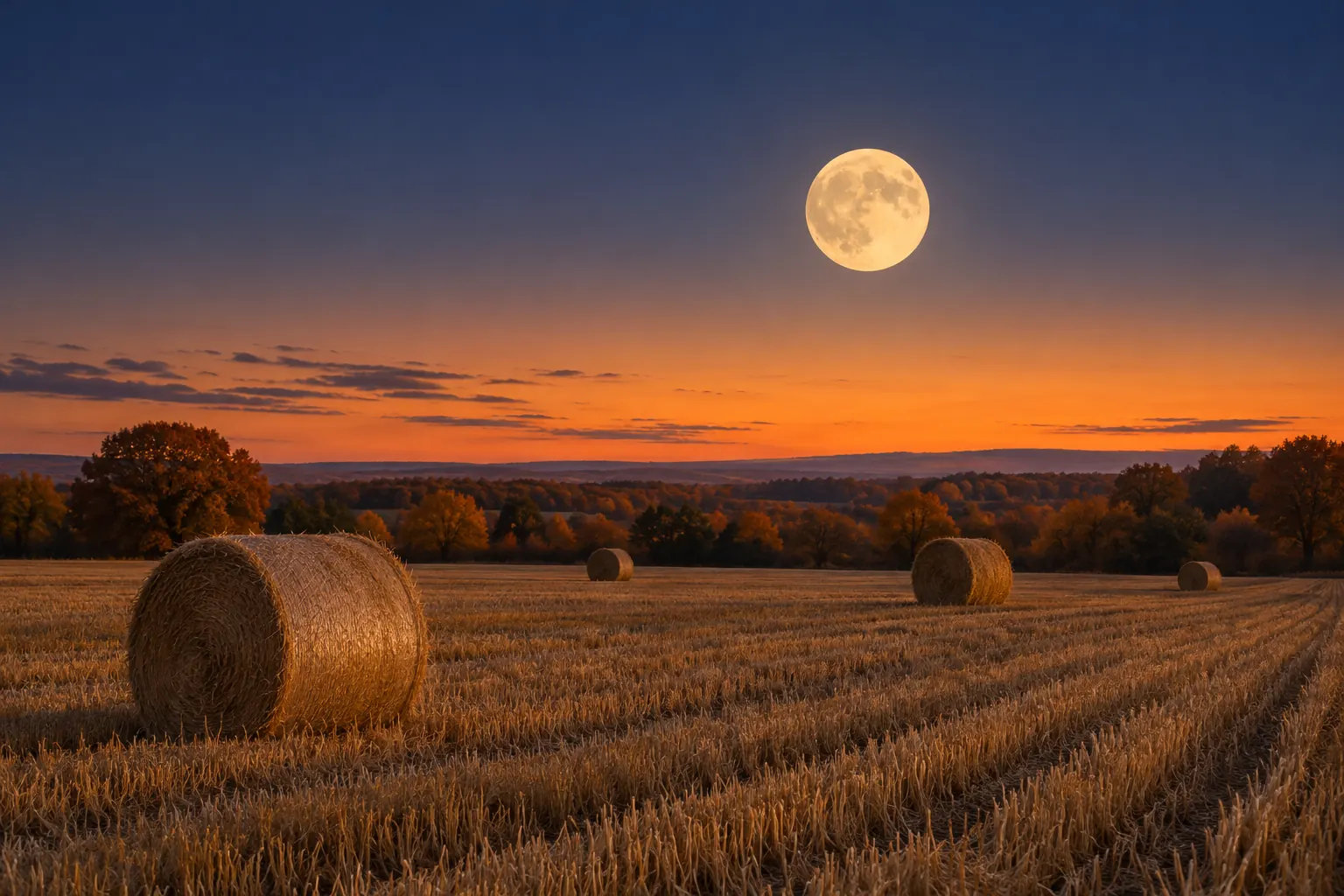 A bright full moon over a quiet autumn field at dusk