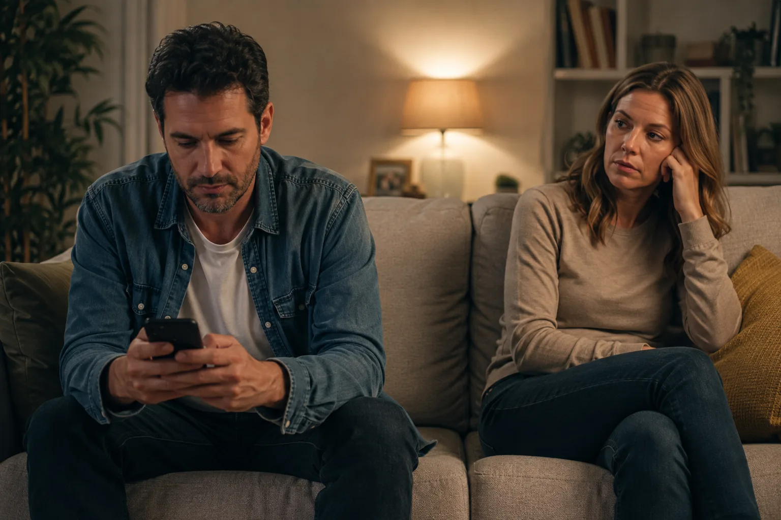 A woman notices her partner focusing on his phone beside her