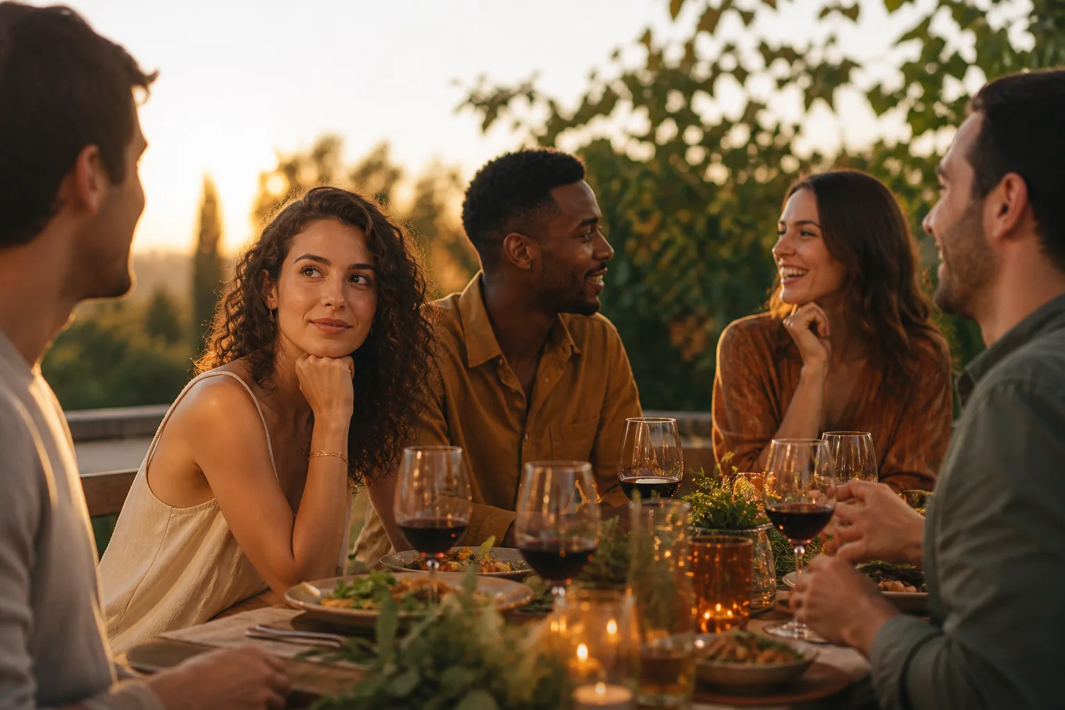 A thoughtful woman shares a relaxed golden-hour dinner with a familiar group of adult friends
