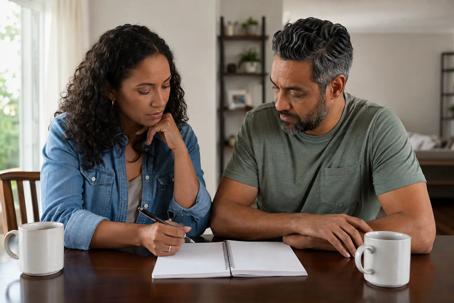 A married couple works constructively through a blank relationship-planning notebook together