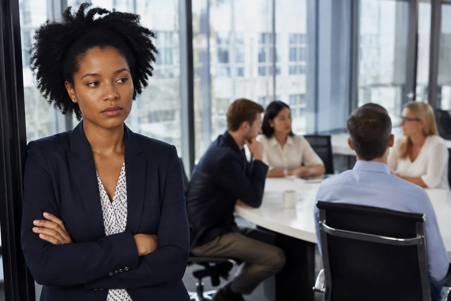An employee thoughtfully observes a tense but realistic team meeting in a modern office