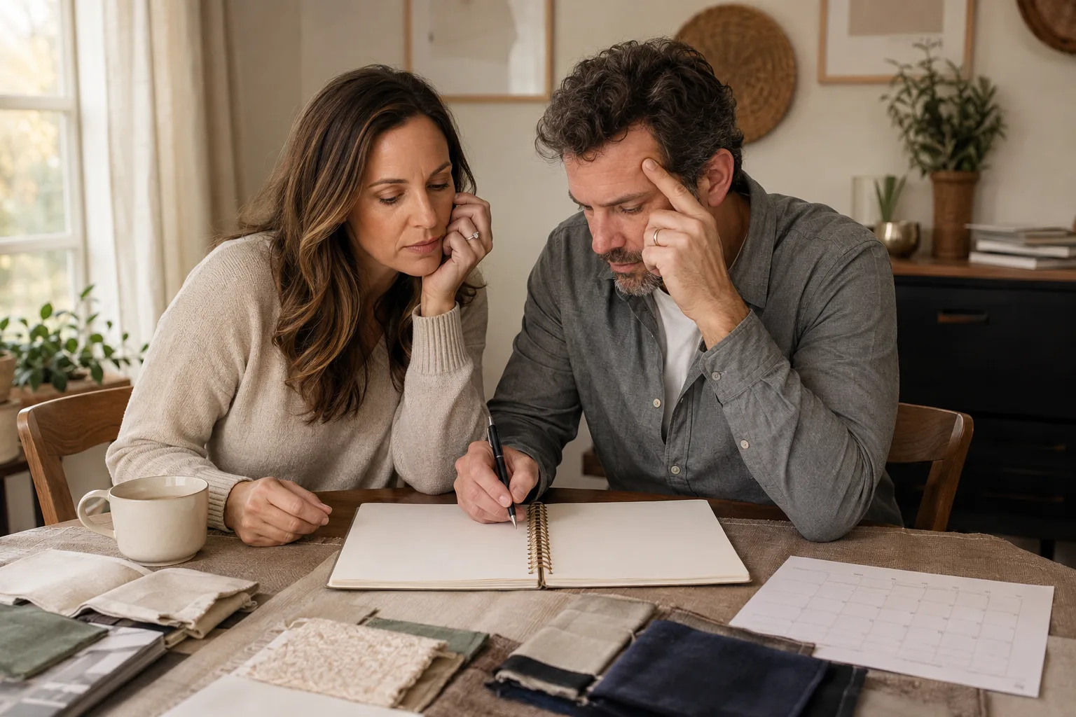 An engaged couple reviews a blank wedding planner after a long delay
