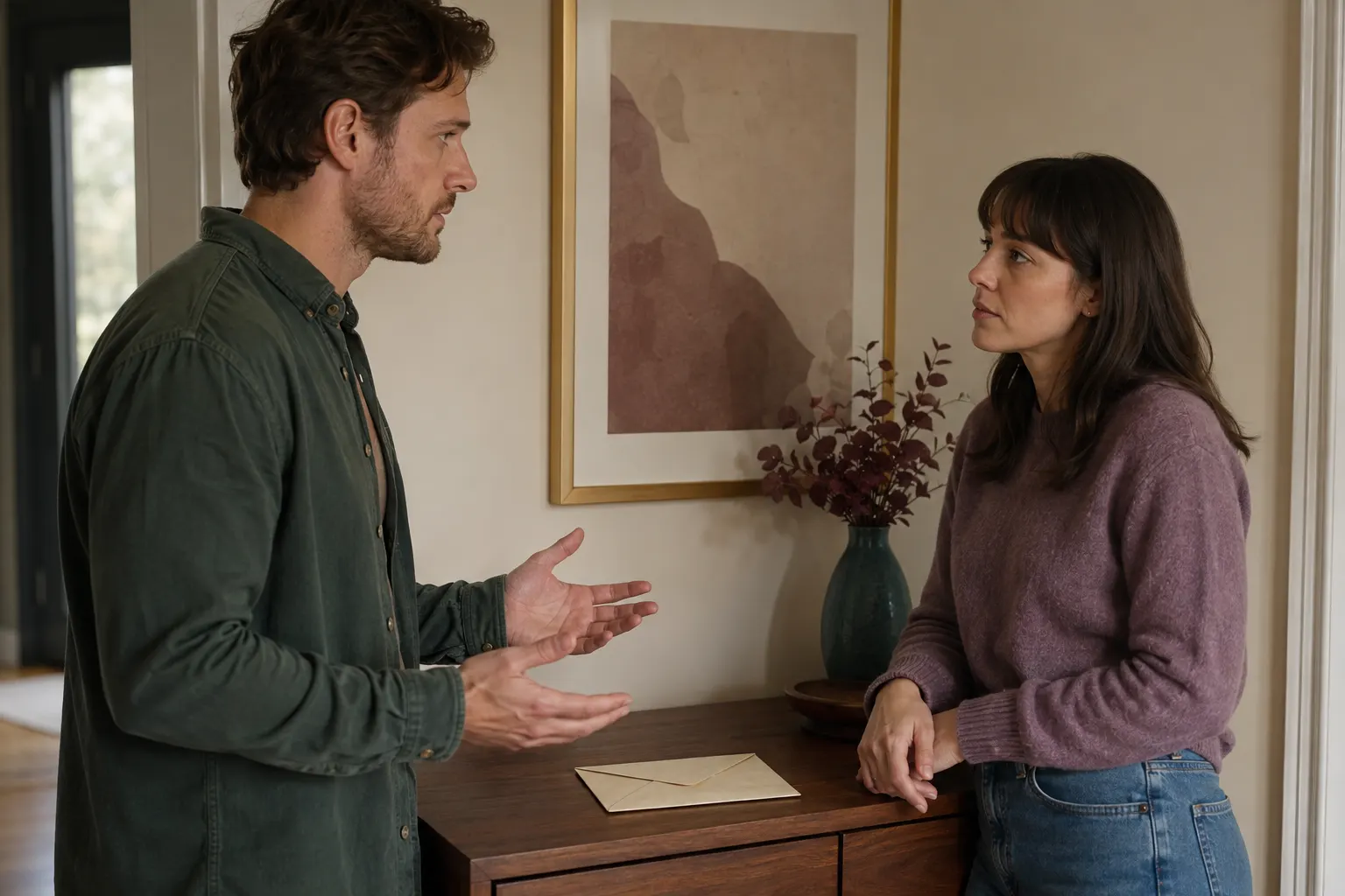 Couple discussing withheld information beside a sealed blank envelope