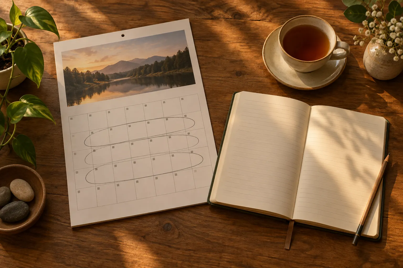 A paper calendar with three weeks circled beside a cup of tea and a notebook