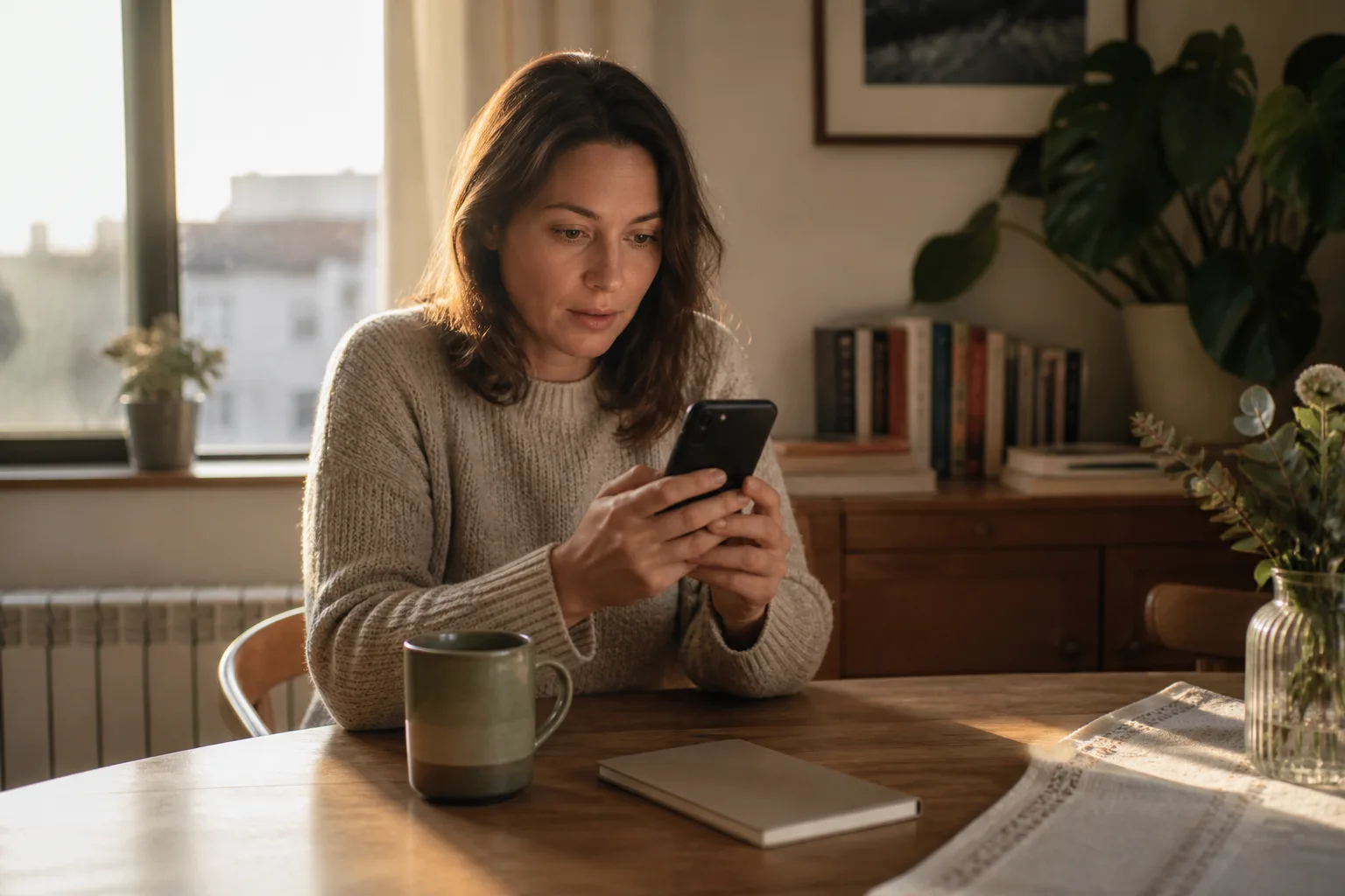 A woman pauses over a message from her ex at a sunlit dining table