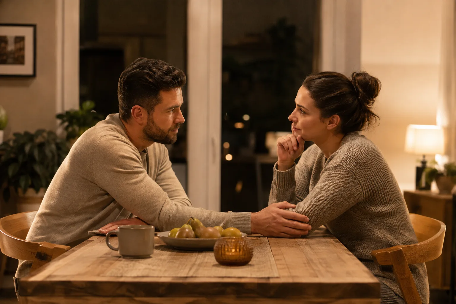 A couple discusses renewed closeness and commitment across a dining table
