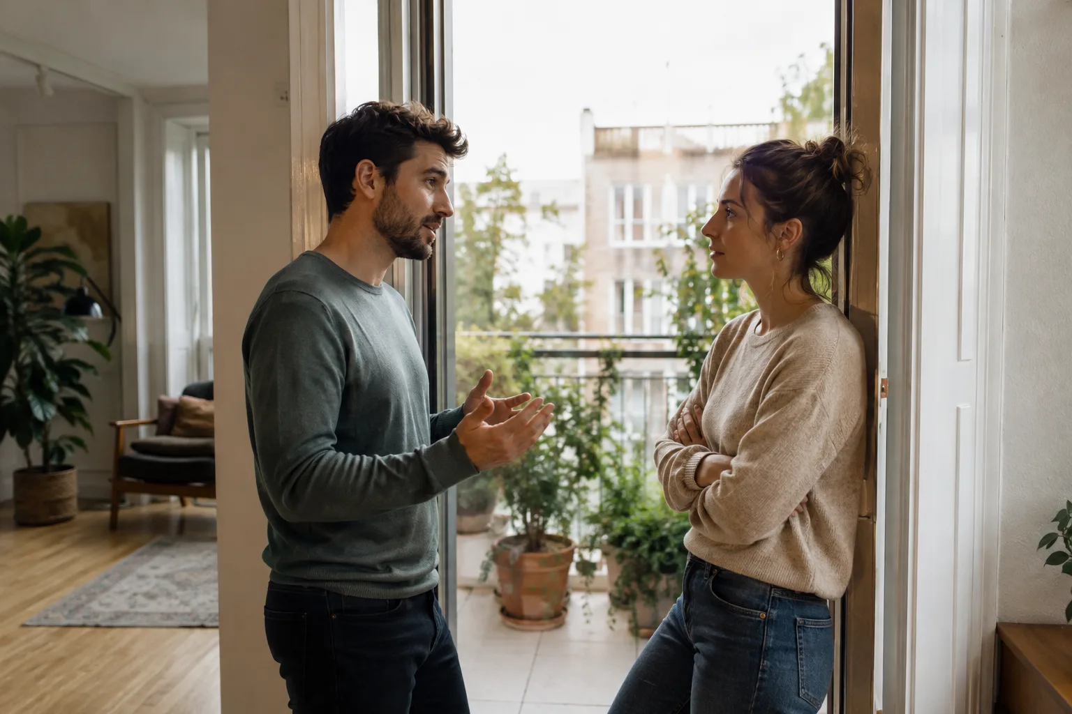 Two former partners discuss their feelings beside an open apartment doorway