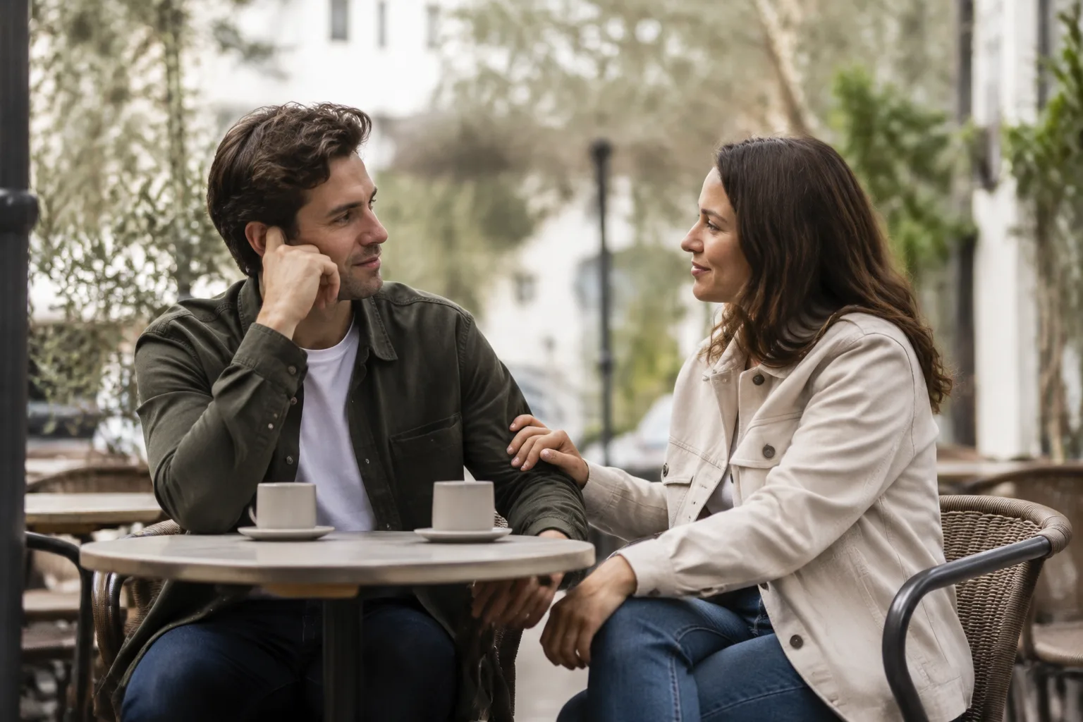 Two former partners share an affectionate moment while meeting as friends