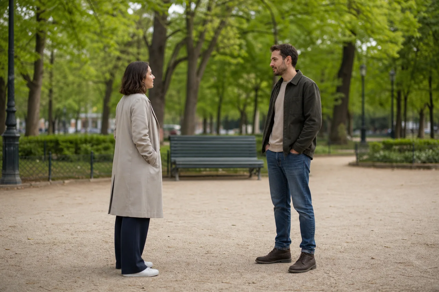 Two former partners meet for a cautious conversation in a public park