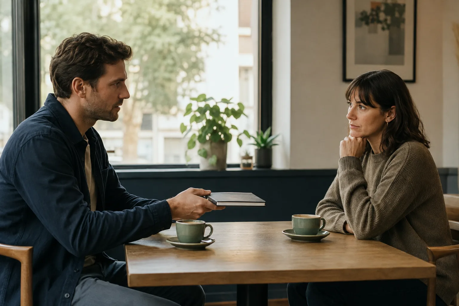 A former couple discusses a possible reconciliation across a quiet cafe table
