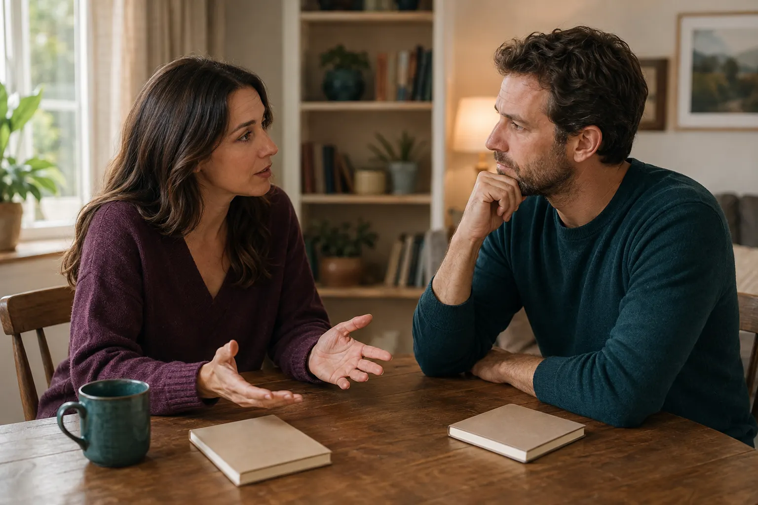 Couple discussing emotional confiding beside two closed blank notebooks