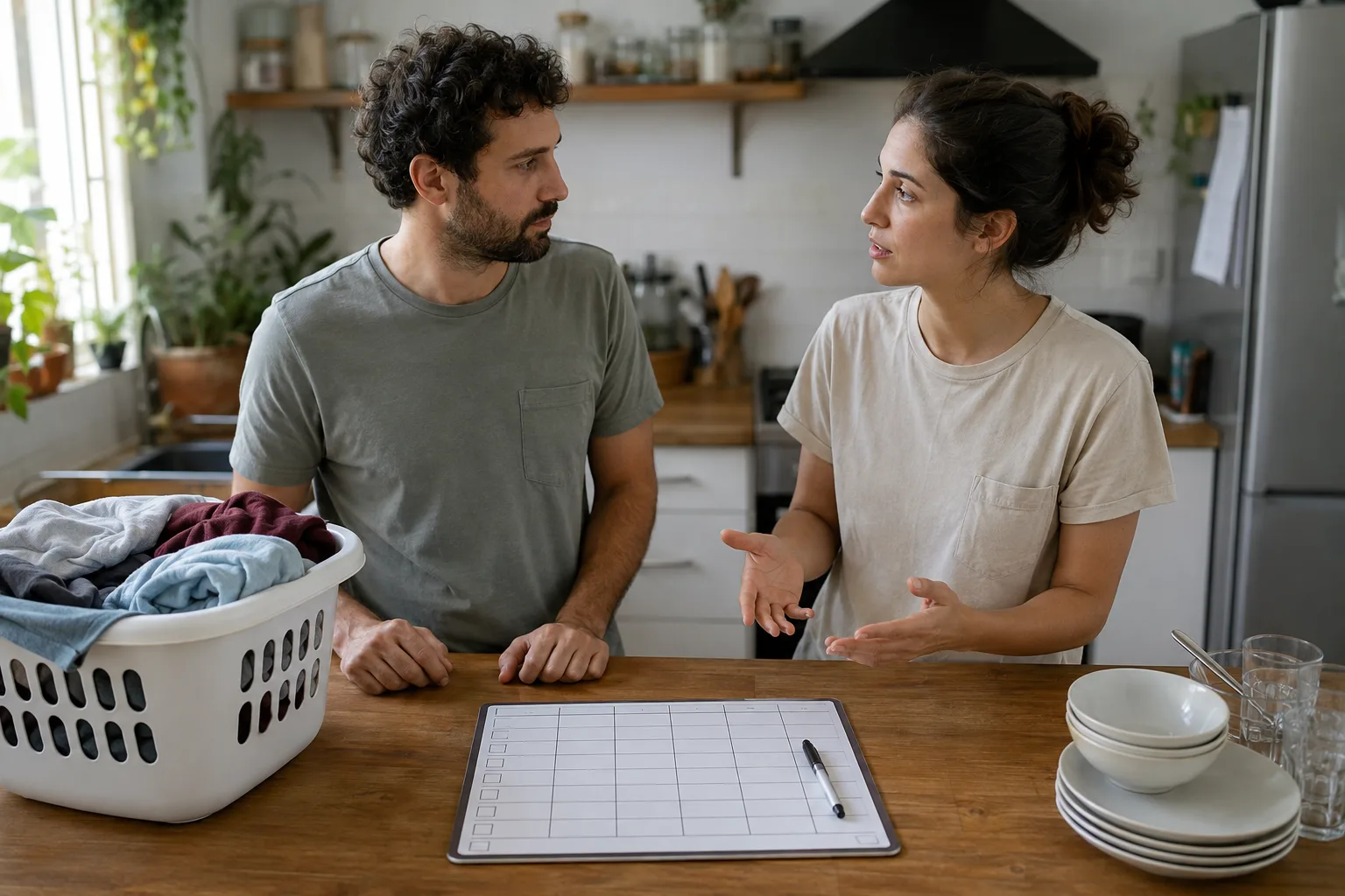 A couple calmly plans how to divide household chores