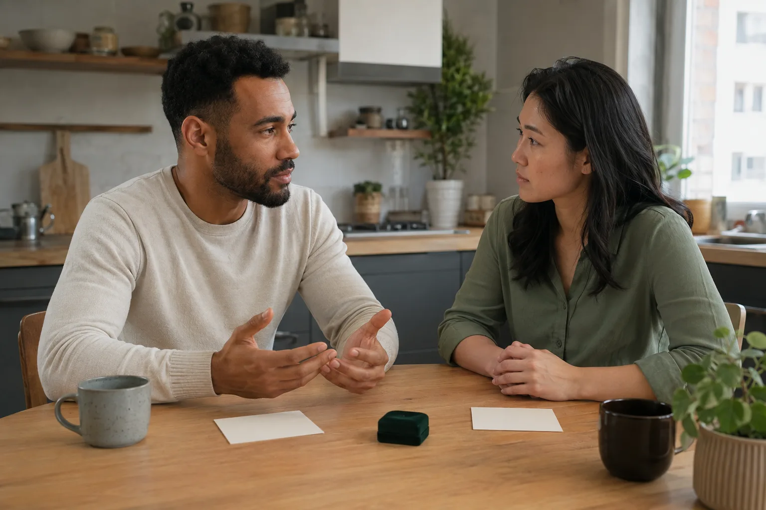 A couple discusses different views of marriage at their kitchen table