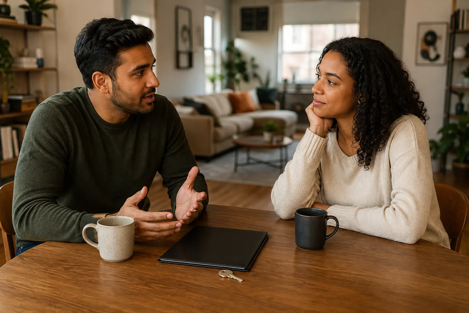 A couple discusses moving in together beside a key and lease folder