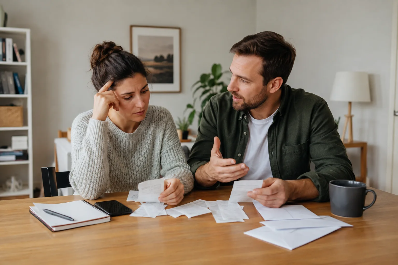A couple reviews household receipts and plain envelopes at a dining table