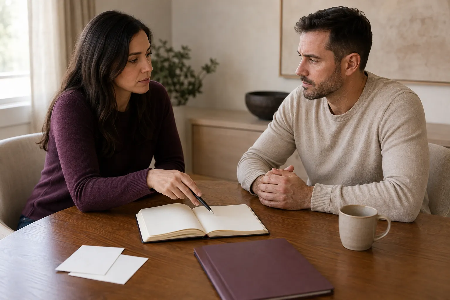 Couple reviewing an unfinished shared plan at a dining table