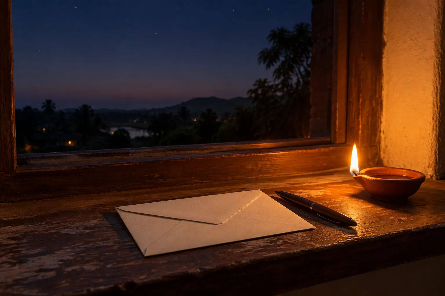 A sealed plain envelope and a pen on a wooden windowsill at dusk, beside a small lit clay lamp, under a dark sky with no moon